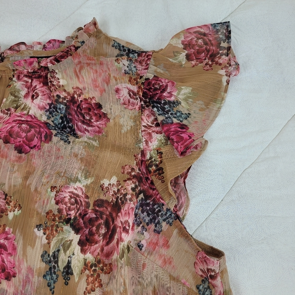 Torrid tan pink moody floral sheer blouse ruffle cap sleeves fairy girly M/L - Picture 9 of 11